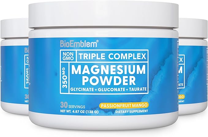 BioEmblem Triple Complex Magnesium Powder Drink - 350mg High Absorption Magnesium Glycinate Gluconate Taurate &amp GABA for Rest Sleep &amp Brain Health - Passionfruit Mango Flavor - Vegan(90 Se