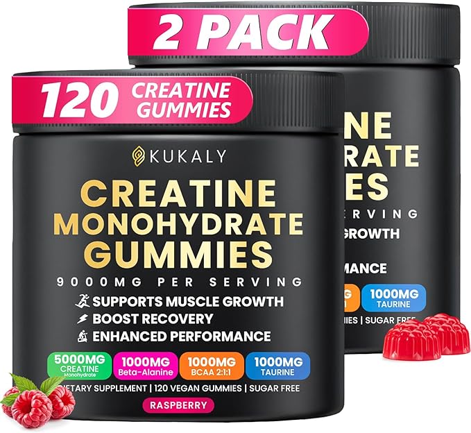 Creatine Monohydrate Gummies for Men &amp Women 9000MG Creatine Gummies Sugar Free with L-Taurine BCAA 2:1 B12 B6 for Boost Strength Focus &amp Endurance Vegan Non-GMO Raspberry 120*2 Bottle