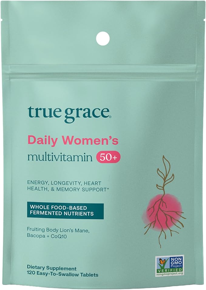 True Grace Daily Women’s Multivitamin 50+ - 120 Easy-to-Swallow Tablets - Immune Energy Longevity &amp Memory Support - Vegan - Gluten Soy &amp Iron Free - 60 Servings