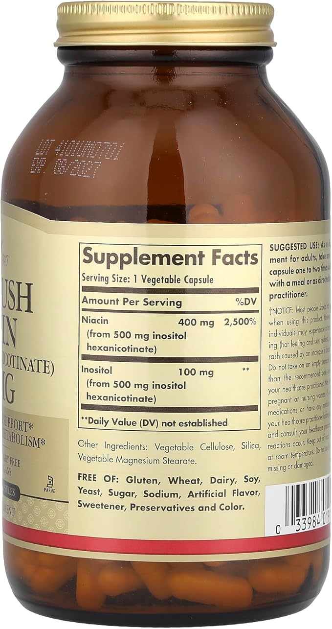 Solgar No-Flush Niacin 500 mg 250 Vegetable Capsules - Supports Energy Metabolism - No-Flush Delivery - Vegan Gluten Free Dairy Free Kosher - 250 Servings