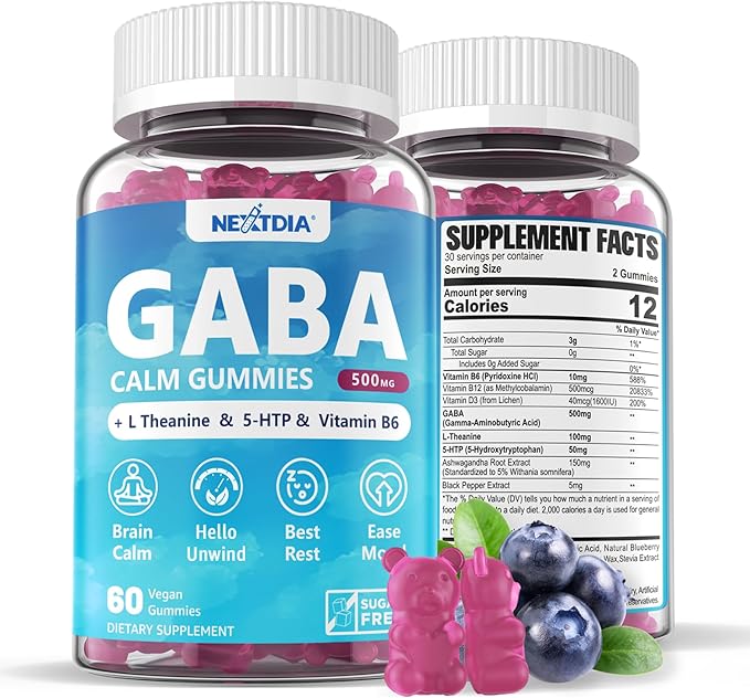 GABA Gummies 500 mg - Sugar-Free Calm Gummies with L Theanine 5-HTP Vitamins D3 B12 Ashwagandha Melatonin-Free for Brain Calm Mood Zzz Better GABA Supplement for Adult Blueberry Flavor 1Pack