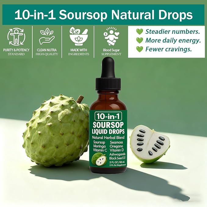 QIZFYZZ Soursop Natural Drops 10-in-1 Soursop Extract Drops with Sea Moss Moringa Turmeric Black Seed Oil Oregano Ashwagandha Immune Support | Improving Gut Health | Heart Health 2 Fl Oz (2)