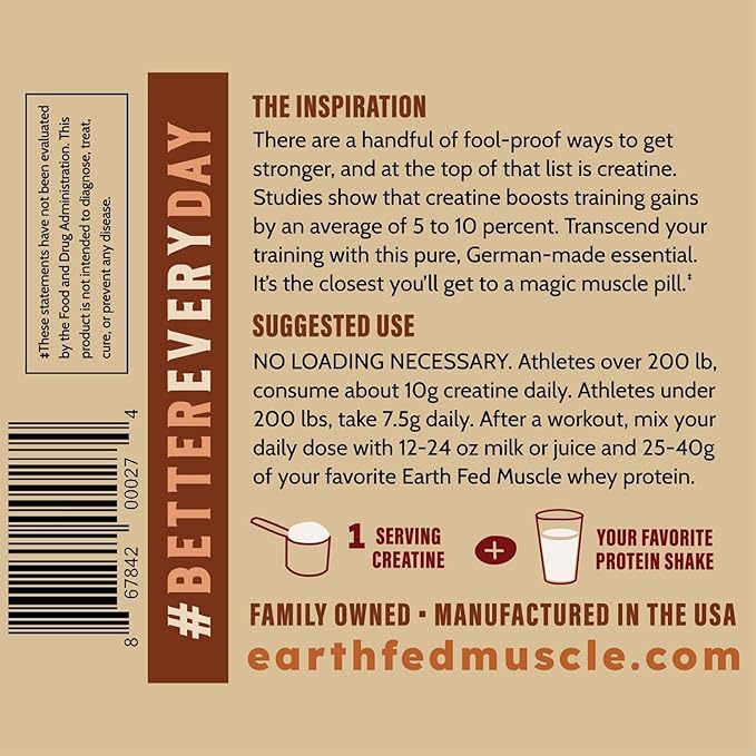 Earth Fed Muscle Creatine Monohydrate Powder — 300g 60 Servings | German Creapure Creatine for Strength Power &amp Muscle Growth | Unflavored Mixes Clean No Fillers