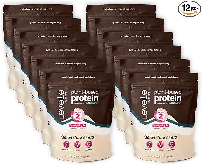 Boom Chocolata Cycle-Syncing Plant-Based Protein Powder | Pea &amp Pumpkin Protein | Gut-Friendly with Iron Fiber &amp Vegan Lactoferrin | Bulk Case of 12 (Phase 2: Luteal)