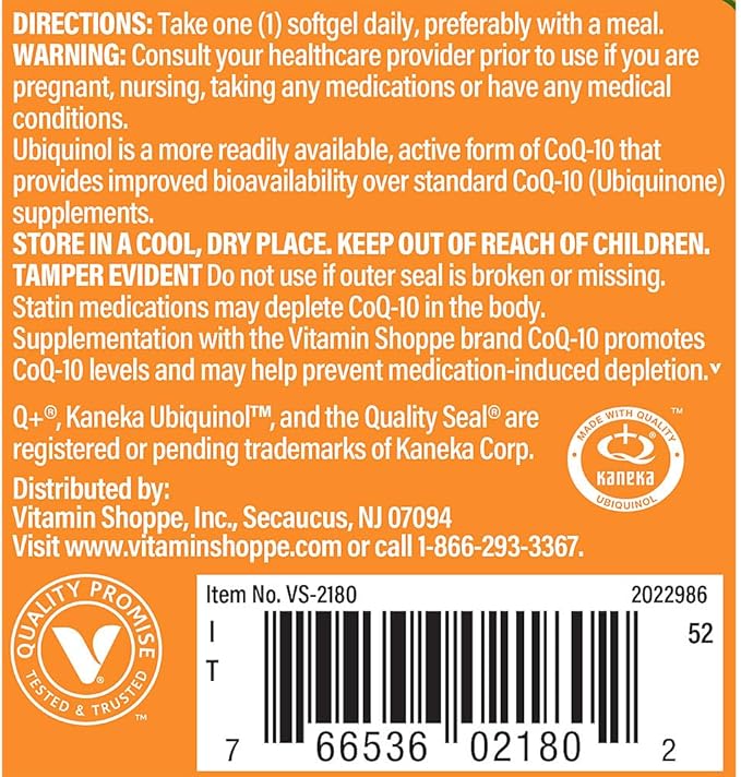 The Vitamin Shoppe Ubiquinol CoQ-10 100mg Beneficial for Those (60 Softgels)