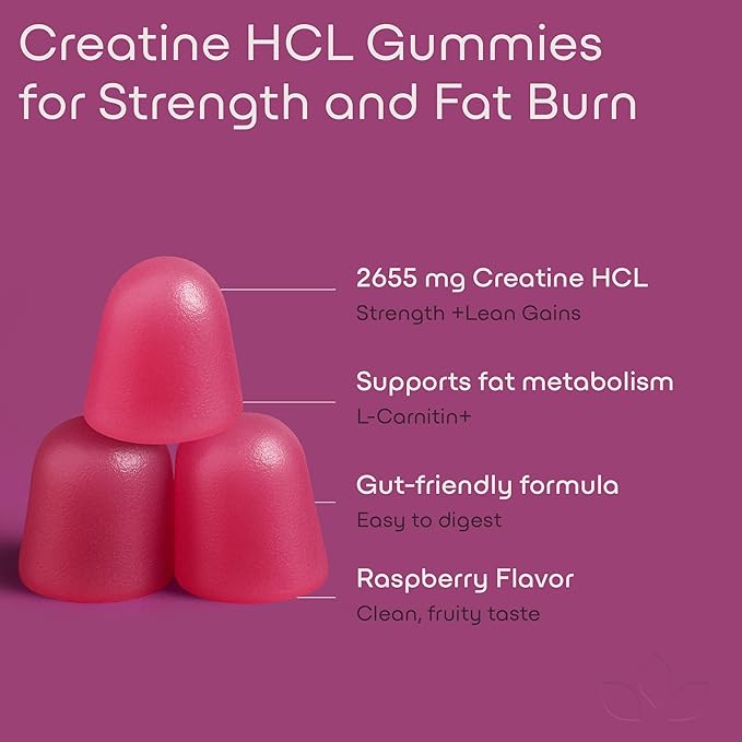 Creatine HCL+ 2000mg Female Performance Complex – Sugar-Free Vegan Raspberry Flavor – Chewable Gummies for Women 90 Count