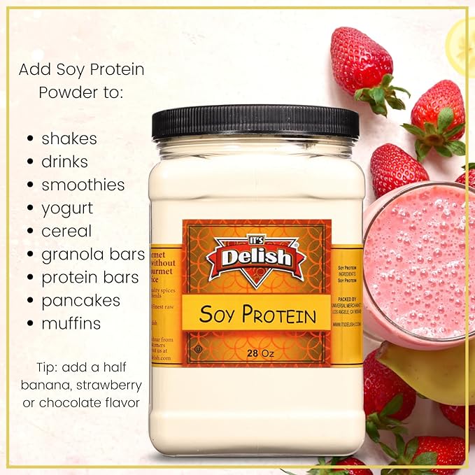 It's Delish Soy Protein Powder 28 Oz Reusable Jumbo Jar | Plant-Based Bulk Protein Powder Unflavored for Drinks Shakes Meal Replacement | No Sugar Added Vegan Gluten &amp Milk Free Keto Kosher