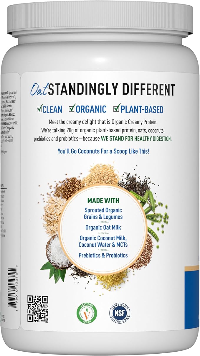 Garden of Life Creamy Plant Protein + Oat Milk Powder + Vanilla Flavor Vegan Protein Powder – Plant Based Prebiotics &amp Probiotics Gluten-Free Non-GMO Vanilla Cookie Flavor 2 LBS