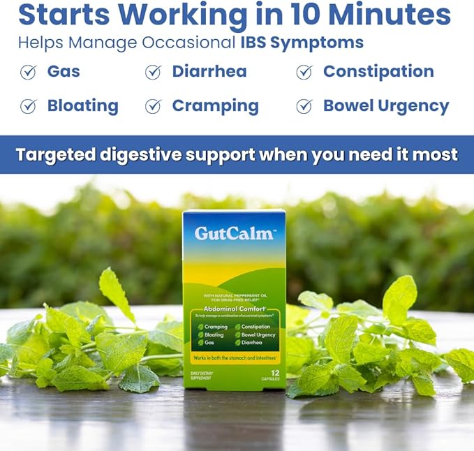 GutCalm - IBS Relief - Peppermint Oil Capsules - Bloating Gas Constipation and Digestive Comfort Supplement - 48/ct