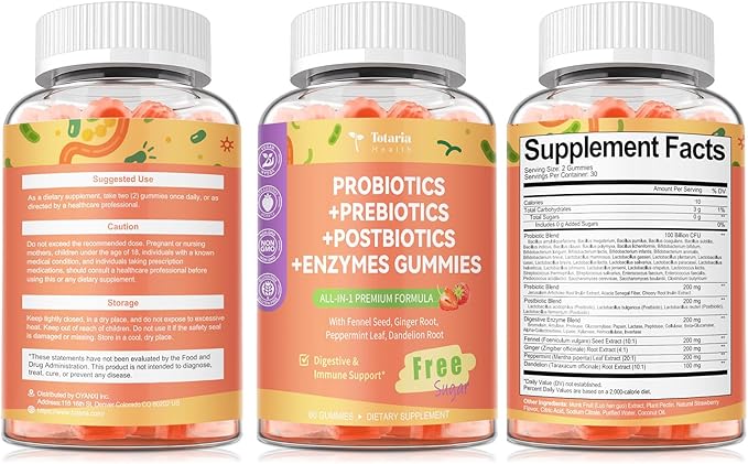 Totaria Sugar Free 5-in-1 Probiotic Prebiotic Postbiotic Gummy 36 Strains Probiotics for Women Men with Digestive Enzymes Peppermint Complete Immune Gut &amp Digestive Support Vegan 60 Counts