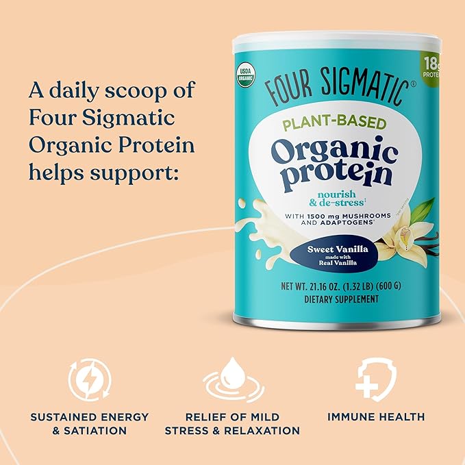 Four Sigmatic Organic Plant-Based Protein Powder Bundle with Peanut Butter Vanilla Flavors Mushrooms and Adaptogens | 21.16 oz