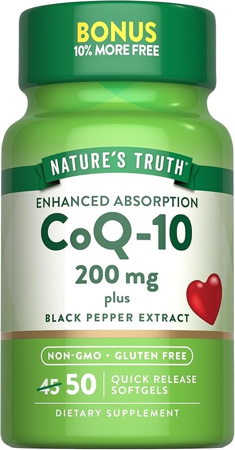 Nature's Truth CoQ10 200mg Softgels | 50 Count | Enhanced Absorption Supplement | Plus Black Pepper Extract | Non-GMO Gluten Free