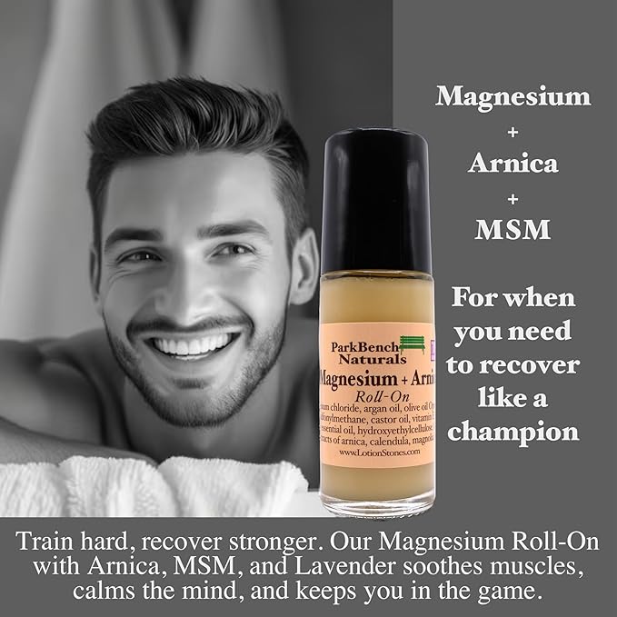 Park Bench Naturals Lavender Magnesium Roll-On – Relaxing Aromatherapy with Magnesium Chloride MSM &amp Arnica – Natural Topical Relief for Sleep Stress &amp Muscle Tension – 1.2 oz Glass Bottle