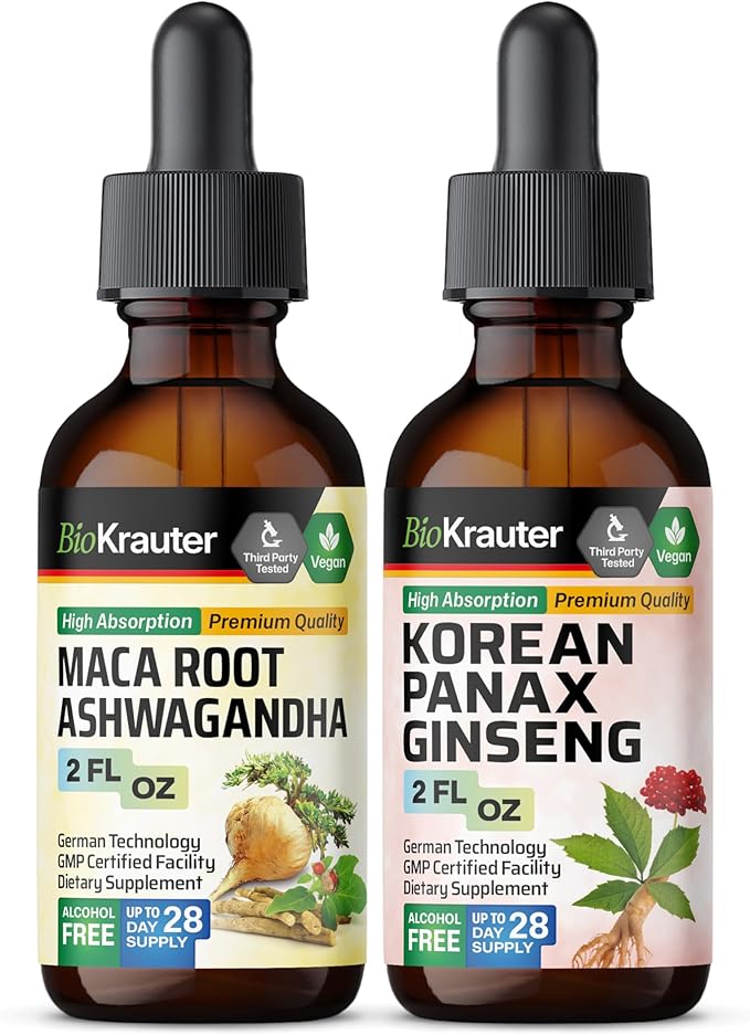 BIO KRAUTER Maca Root Ashwagandha Tincture 2 Fl. Oz. &amp Korean Panax Ginseng Tincture 2 Fl. Oz.