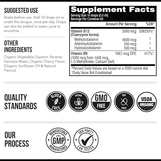 BioActive Vitamin B12 5000 mcg | 3 BioActive Forms Plus Methylfolate Cofactor - Methylcobalamin Adenosyl &amp Hydroxy | Sublingual Liquid Drops Berry Flavor Organic Non-GMO Vegan (1 oz)