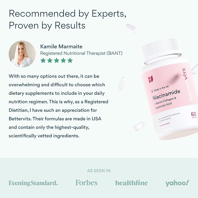 Bettervits Niacinamide Supplement with Vitamin B3 Marine Collagen &amp Hyaluronic Acid | High-Strength Vitamin B3 Capsules 300 mg. with Turmeric for Energy Metabolism &amp Skin Support - 60 Capsule