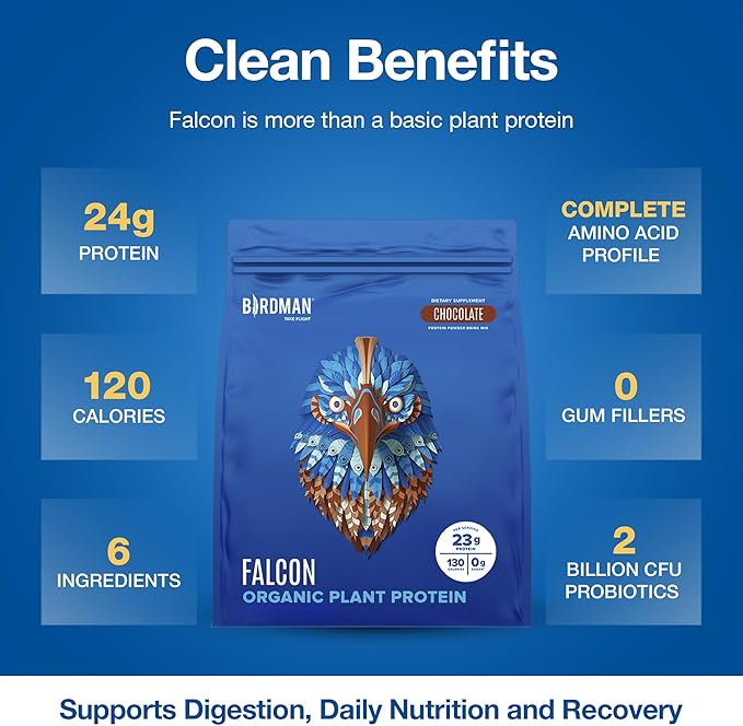 BIRDMAN Falcon Vegan Protein Powder Organic Stevia &amp Sugar Free Plant Based Protein Low Carb Dairy Free Keto Non Whey Protein Probiotic Pea Protein | Chocolate Flavor - 60 Servings - 3.9lb