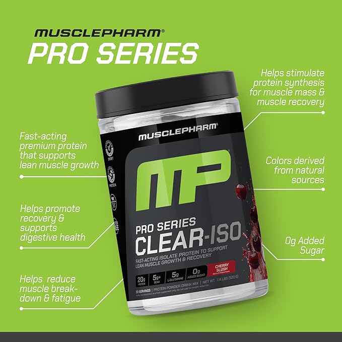 Muscle Pharm Pro Series Clear-ISO Clear Whey Protein Isolate Bundle (Cherry Slush + Sour Peach Rings) | 20g Whey Isolate + BCAAs + EAAs + L-Glutamine (20 Servings Each)