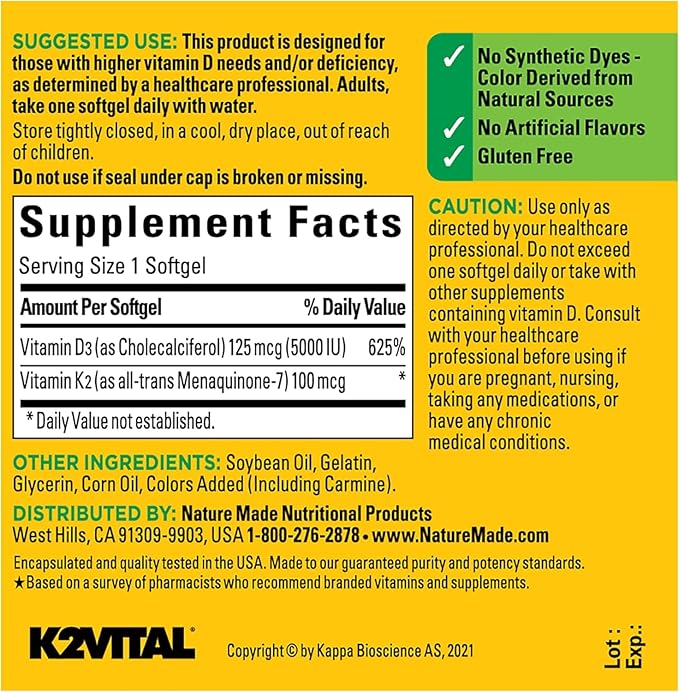 Nature Made Vitamin D3 K2 5000 IU (125 mcg) Vitamin D Dietary Supplement for Bone Teeth Muscle and Immune Health Support 30 Softgels 30 Day Supply - Pack of 2