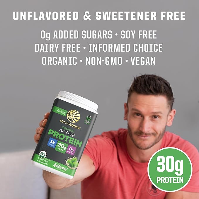 Sunwarrior Organic Plant Based Protein Powder | Vegan Organic Protein Powder with BCAA Amino Acids Plus Recovery Minerals &amp Botanicals | Non-GMO Soy Dairy &amp Gluten Free (Unflavored 20 Serving