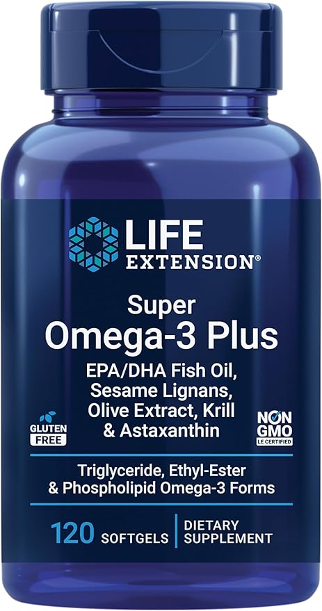 Life Extension Super Omega-3 Plus EPA/DHA Fish Oil Sesame Lignans Olive Extract Krill &amp Astaxanthin - Heart Brain &amp Joint Health Support - Gluten-Free Non-GMO - 120 Softgels