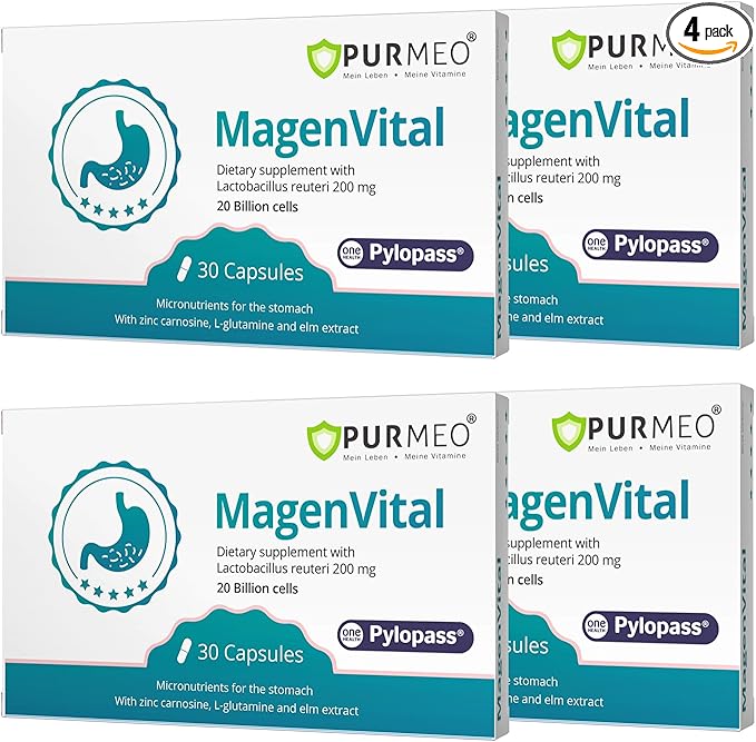4 Pack MagenVital Pylopass H. Pylori Probiotic Supplement - 1 Per Day - Gastritis Acid Reflux Heartburn Stomach Lining Repair - Lactobacillus Reuteri DSM17648 - Made in Germany