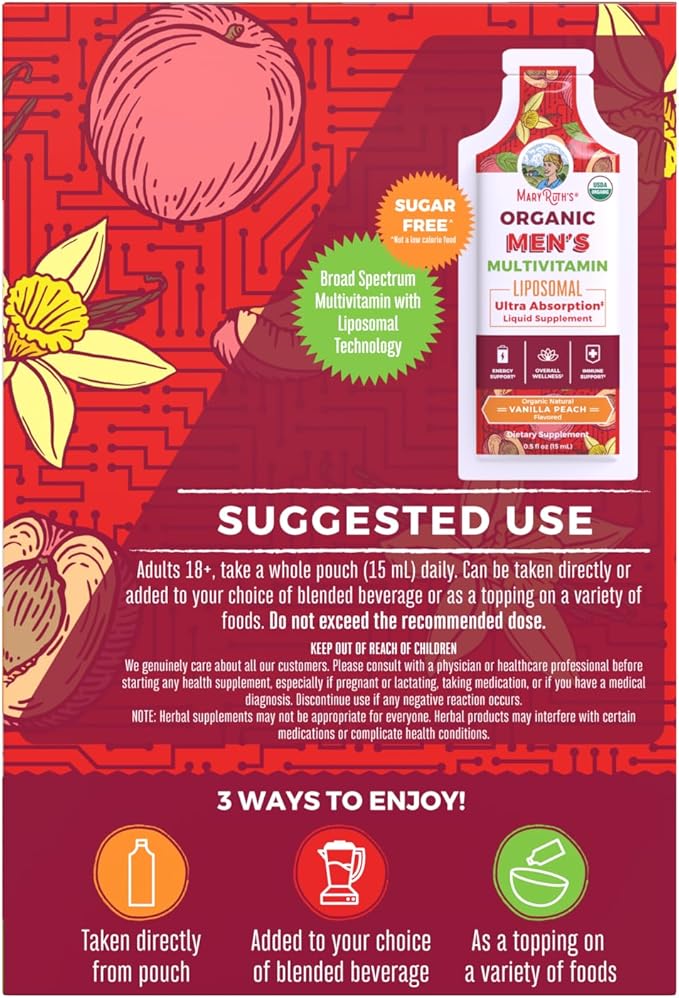 MaryRuth Organics Multivitamin for Men | USDA Organic | Sugar Free Mens Multivitamin Liposomal | Liquid Vitamins for Men | Immune Support Supplement &amp Overall Wellness | Vegan | 14-0.5 Fl Oz Pouch