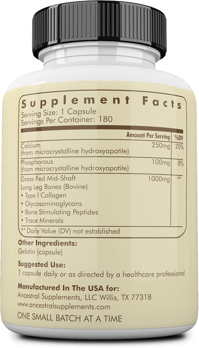 Ancestral Supplements Grass Fed Beef Living Bone Supplement Bone Meal Capsules Support Bone Health Oral and Joint Health and Flexibility Non-GMO 180 Capsules (Pack of 2)