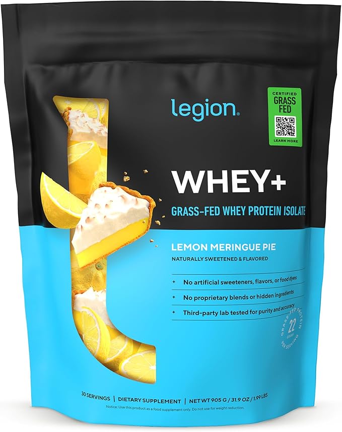LEGION Whey+ Protein Whey Isolate from Grass Fed Cows - Whey Protein Isolate Powder Low CalorieNon-GMO Sugar Free Lactose and Gluten Free All Natural Protein Powder 30 Servings (lemon meringuepie)