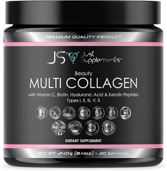 Beauty Multi Collagen with Vitamin C Biotin Hyaluronic Acid &amp Keratin Peptides Type I II III V X.