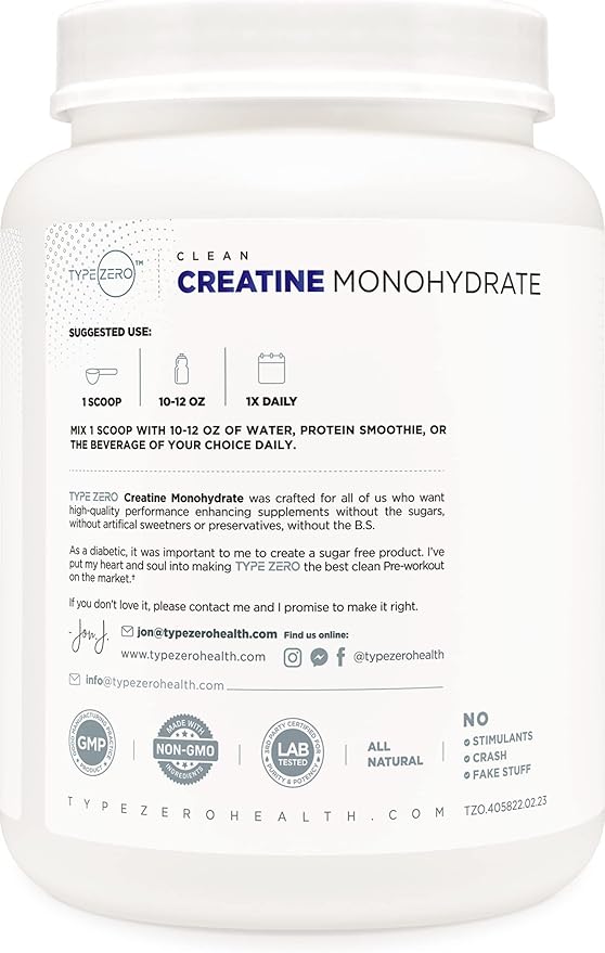 Type Zero Creatine Monohydrate (Unflavored) 1 KG 5000mg (5g) Per Serving Micronized Zero Sugar Keto Friendly &amp Gluten Free 200 Servings