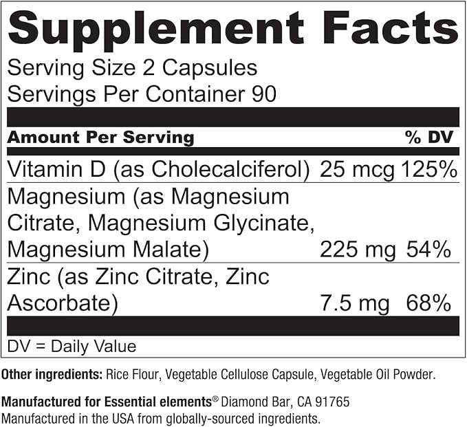 Essential Elements Magnesium Plus Zinc with Vitamin D3 - Scientifically Formulated Heart Bone &amp Muscle Support - 225mg Triple-Strength Magnesium Complex with Glycinate Malate Citrate - 360 Cou