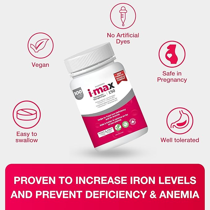 i-max Iron Supplement 150 mg Vitamin C 250 mg &amp B12 1000 mcg Iron Supplement Treatment for Women &amp Men Once Daily 100 Capsules