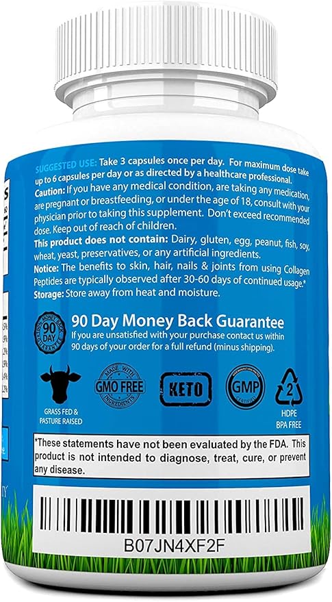Root Vitality Collagen Peptides Capsules - Grass-Fed Pasture-Raised Hydrolyzed Protein Supplement for Skin Hair &amp Nails - Non-GMO Zero Sugar Daily Pills for Men &amp Women (180 Capsules)