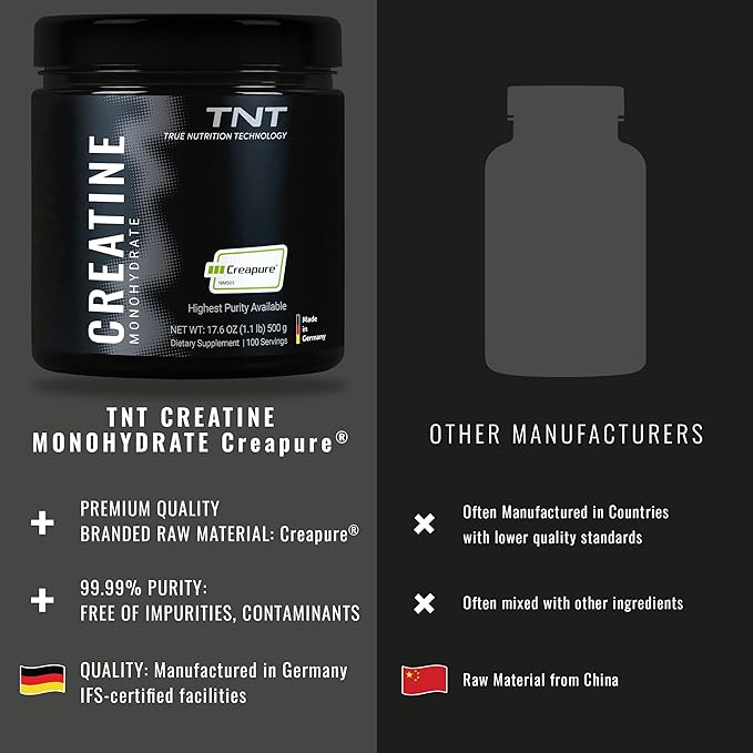 TNT Creapure® Creatine Monohydrate Powder (100 Servings) • Made in Germany • 5g per Serving • Supports Strength Endurance &amp Cognitive Energy* • Micronized Vegan 99.99% Pure