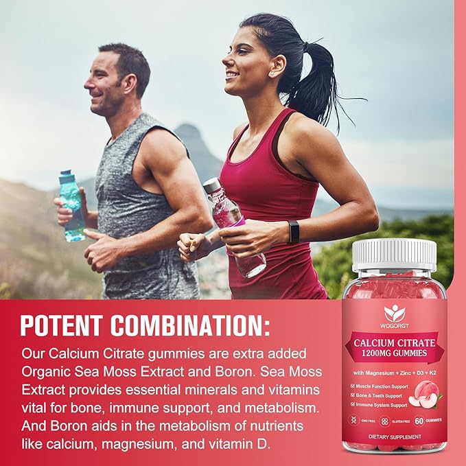 Calcium Citrate 1200mg Gummies with Vitamin D3 K2 - Chewable Calcium Magnesium Zinc d3 Supplement with Sea Moss Extract for Bone Teeth Immune Support for Women &amp Men White Peach Flavor - 60 Gum