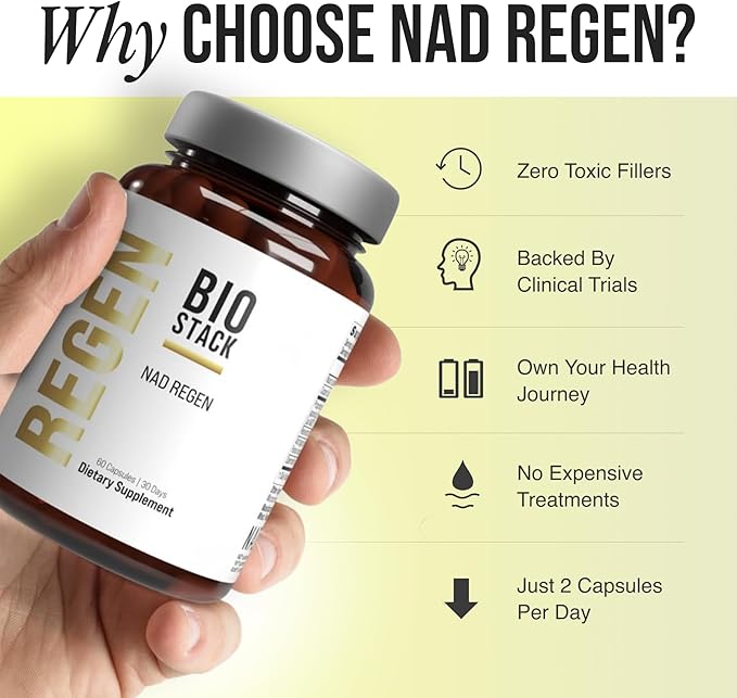 BIOSTACK NAD Regen - Advanced NAD+ Supplement with NAD3 Yüth Spermidine Resveratrol Niacinamide | NMNH Alternative | Anti Aging Longevity &amp Cellular Health Vitamin B3 Complex (180 Capsules)