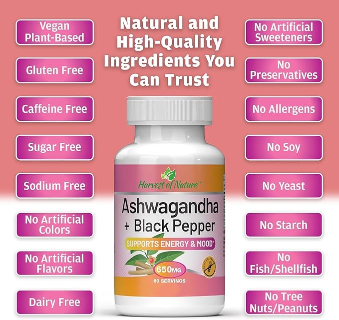Basic Brands Harvest of Nature Ashwagandha and Black Pepper - Cortisol Reducer Great for Relaxation Focus Mood Support - 60 Capsules - 2-Pack