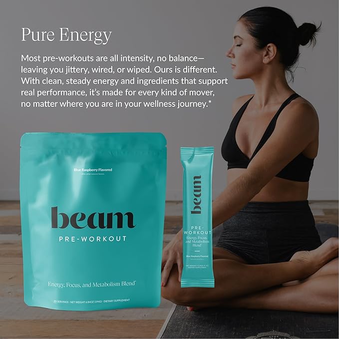 Beam Pre Workout Powder – Pre Workout Supplement with Organic Caffeine 350 mg Electrolytes &amp Nootropic Focus Support No Sugar Pre Workout for Women &amp Men Blue Raspberry Flavor 20 Servings