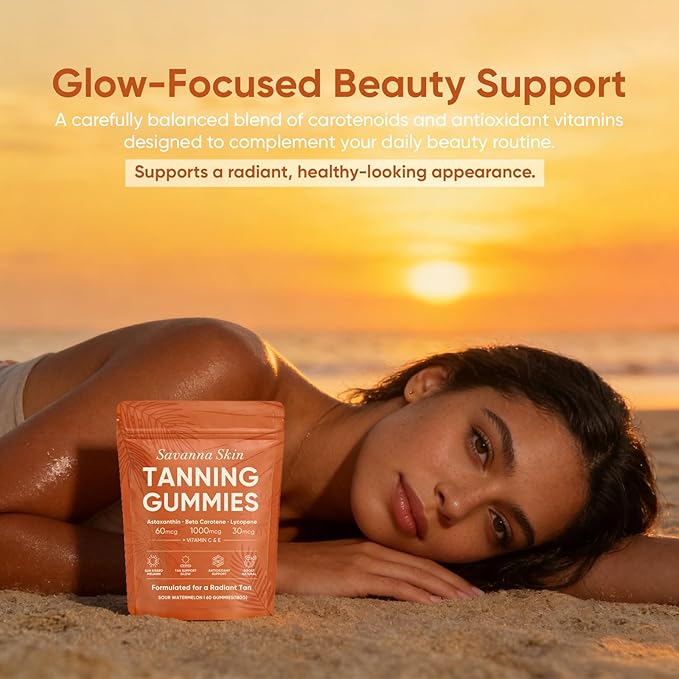Savanna Skin Tanning Gummies Astaxanthin Beta Carotene &amp Lycopene Blend with Vitamins C &amp E Radiant Healthy Skin Sour Watermelon Flavor Vegan &amp Sugar-Free 60 Count