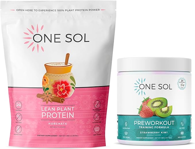 One Sol Protein &amp Pre-Workout Bundle for Women: Plant-Based Energy Focus &amp Recovery with Vegan Protein and Natural Ingredients (Horchata Protein + Strawberry Kiwi Pre-Workout)