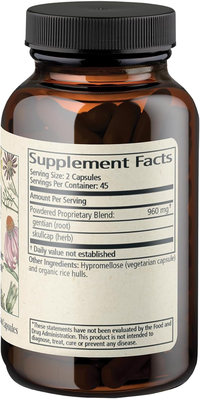 Wise Woman Herbals Gentian &amp Skullcap Digestion Support Supplement Non-GMO Bloating &amp Indigestion Relief Supports GI Motility &amp Gut Comfort Mood Balance 90 Veg Caps
