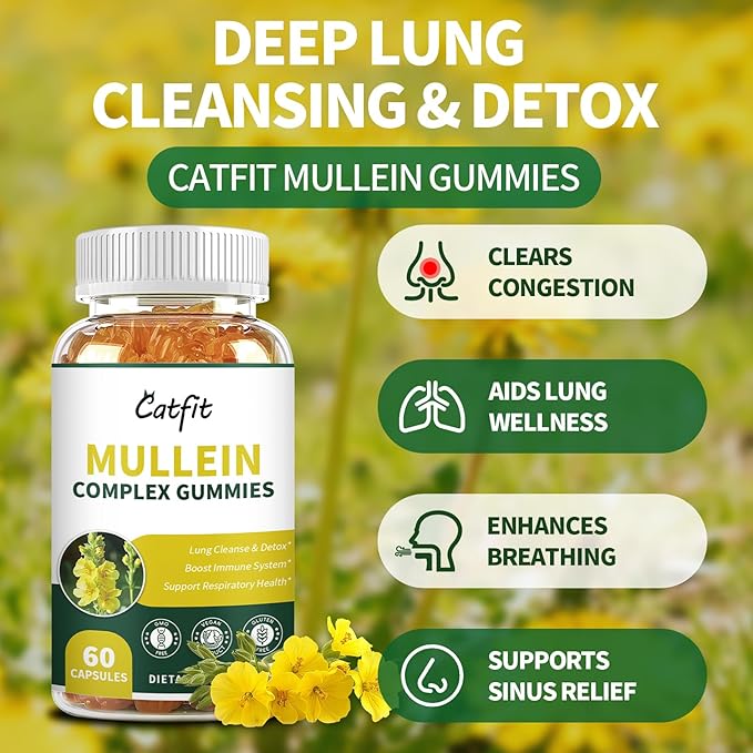 Catfit (120 pcs) Mullein Gummies for Lungs Detox &ampLymphatic DrainageMullein Leaf ExtractQuercetin&ampElderberry for Respiratory &amp Immune SupportVegan Pineapple Flavor (2 Pack)