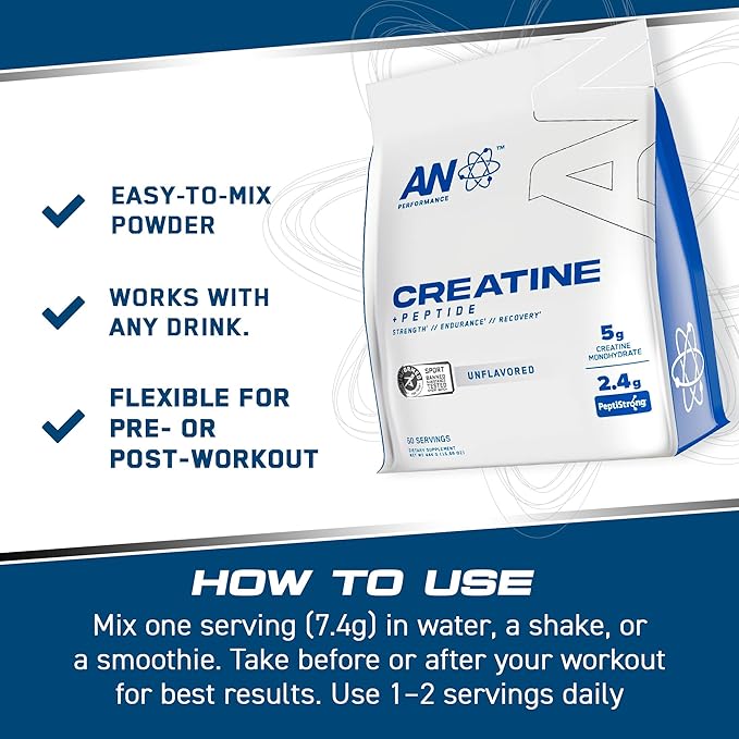 an Performance Creatine Monohydrate + Peptide | Micronized Powder | 5g Creatine 2.4g PeptiStrong | Vegan Gluten-Free Non-GMO | Workout Supplement for Men &amp Women | Unflavored | 60 Servings