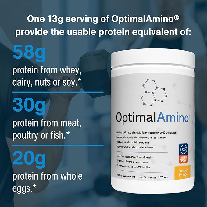 OptimalAmino Amino Acid Powder | 99% Utilized Essential Amino Acid (EAA) Supplement | Pre/Post Workout &amp Muscle Recovery | NSF for Sport Certified | Passion Mango Flavor