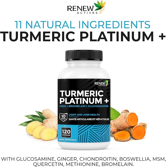 Renew Actives Turmeric Platinum 1350MG per 3 Capsules with Black Pepper &amp Ginger – Antioxidant Liver &amp Digestive Support – Reduces Inflammation &amp Boosts Immunity – Made in Canada – 120 Ca
