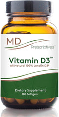 MD Prescriptives Vitamin D3 180 Gelcaps - Maximum Absorption for Strong Bones Muscle &amp Immune Support Non GMO Vegetarian Softgels 125 mcg (5000 IU)