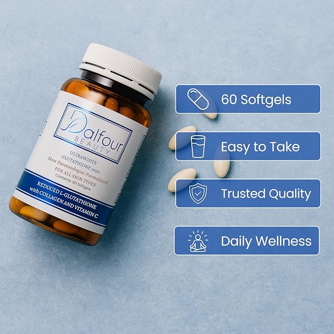 Dalfour Beauty Ultra Glutathione Capsules with Hydrolyzed Collagen &amp Vitamin C – 2400mg High Absorption Antioxidant Support Supplement – 1600mg Reduced L-Glutathione Per Serving - 30-Day Supply