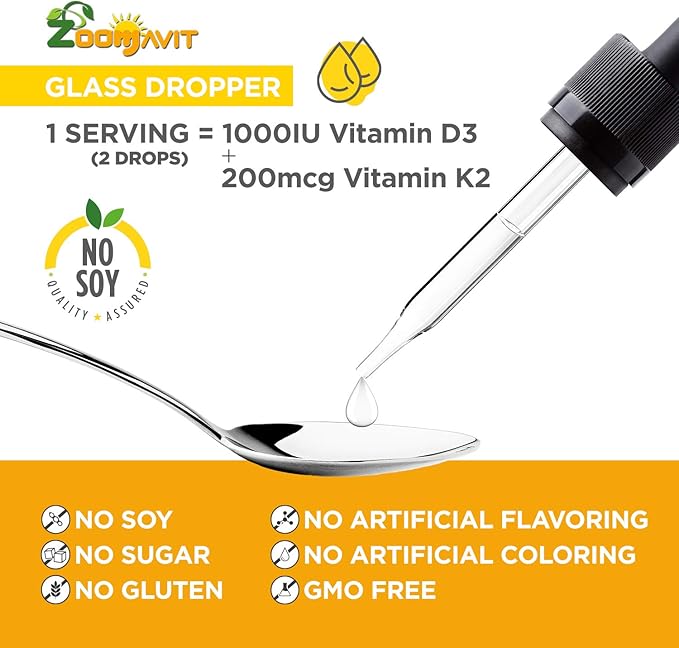 Vegan Liquid Drops Vitamin D3 K2 (MK7) - 100% Plant Based Liquid Vitamin D Enhanced with Coconut Oil for Max Absorption - 1 Serving = 1000 IU VIT D3 and 200 mcg VIT K2