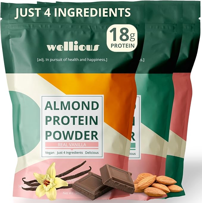 wellious Almond Protein Powder 3-pk (Vanilla Chocolate Unflavored) - 18 Grams of Pure Healthiest Vegan Protein Powder - Gluten-Free Soy-Free Gut Friendly Protein for Sports Nutrition